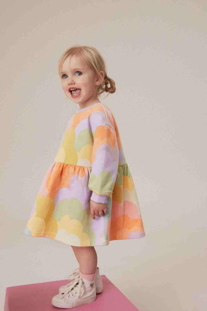 Children's long-sleeve dress with multicolor cloud pattern and gathered skirt
