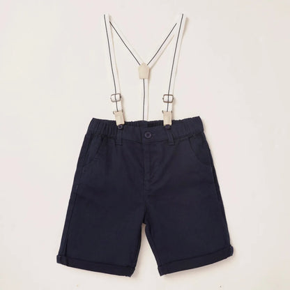 Navy shorts with adjustable beige suspenders and button front