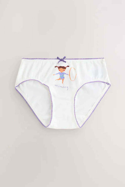 Girls' white brief underwear with colorful cartoon motif and purple edge trim