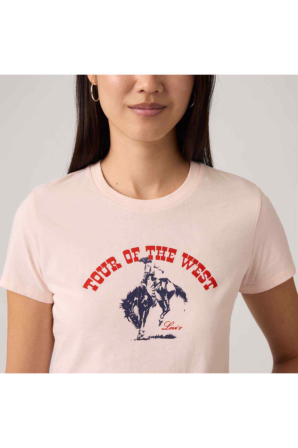 Levi's pink graphic T-shirt close-up of red text and horse illustration