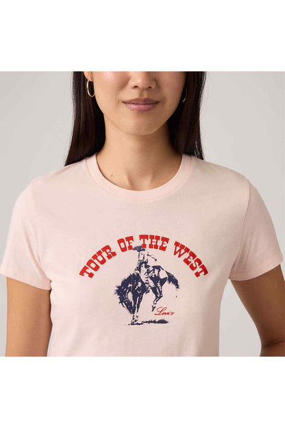 Levi's pink graphic T-shirt close-up of red text and horse illustration