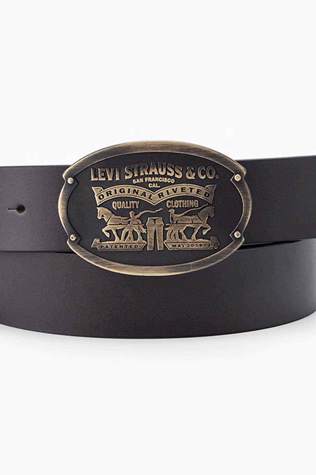 Levi's belt with oval metal buckle and engraved logo, dark strap with eyelets