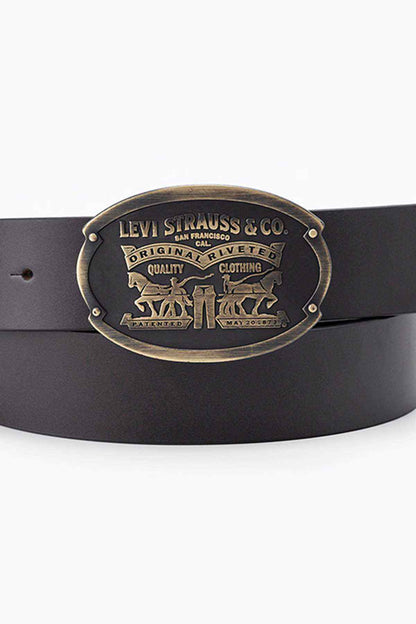 Levi's belt with oval metal buckle and engraved logo, dark strap with eyelets