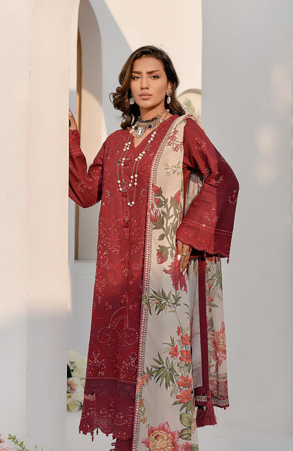 Maroon embroidered kurta with cream floral dupatta, relaxed stance front view