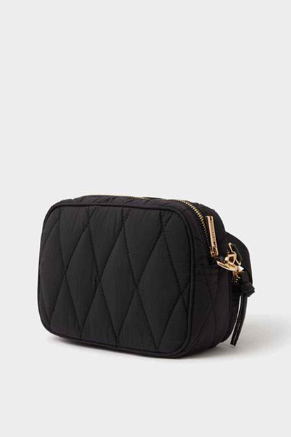 Black quilted crossbody bag, side zip pocket with gold-tone chain strap
