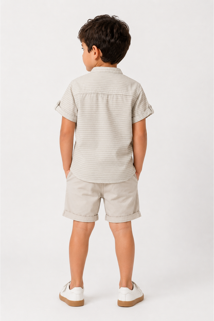 Kids short-sleeve striped henley shirt, rear view, light gray-beige