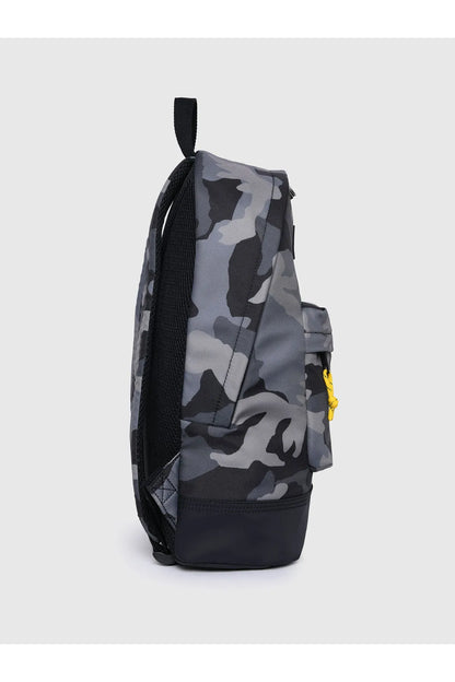 Diesel camouflage backpack side view with black straps and yellow zipper pull.