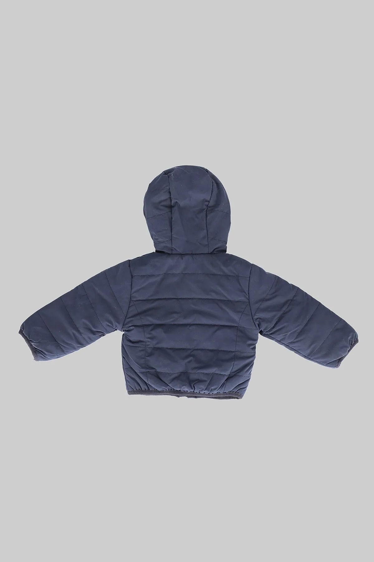 Kids' blue padded jacket with hood and quilted design, rear view