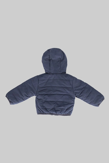 Kids' blue padded jacket with hood and quilted design, rear view