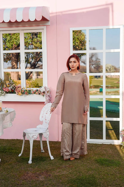 Taupe long tunic with round neckline and pleated metallic shimmery pants suit