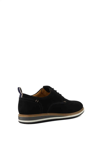 Black lace-up suede oxford shoes with contrast striped midsole and heel