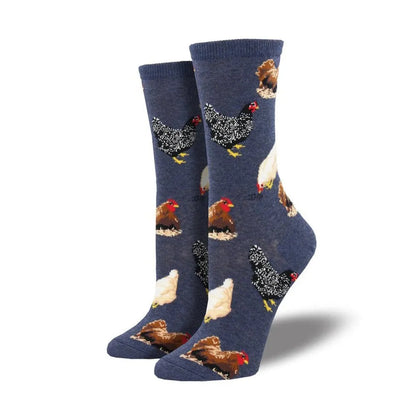 Navy crew socks with all-over chickens and roosters print, ankle length
