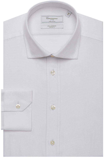White button-up dress shirt with spread collar and gold-tone button placket