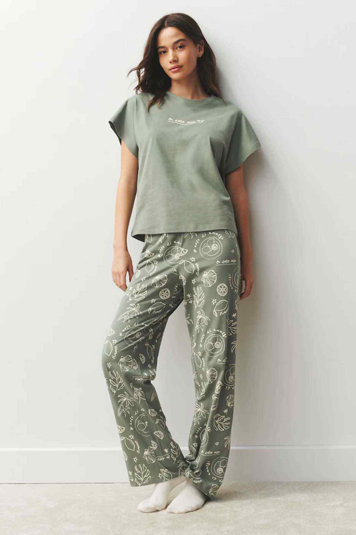 Sage green T-shirt and pajama trousers set with white illustrated fruit print
