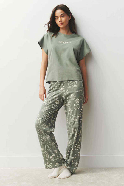 Sage green T-shirt and pajama trousers set with white illustrated fruit print