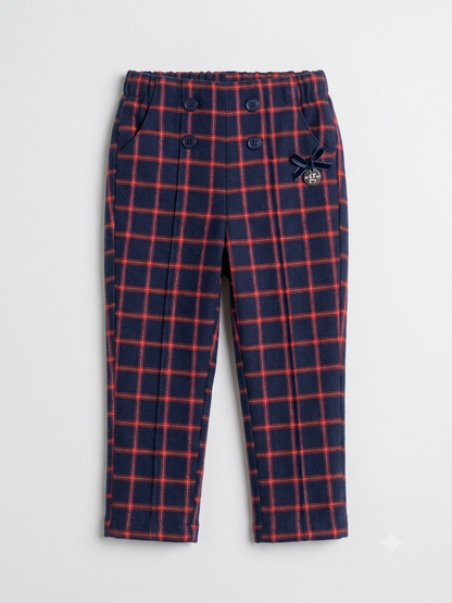 Navy red plaid baby pants with elastic waistband, button front, side patch
