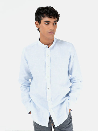 Men's light blue button-up shirt with stand collar, long sleeves, button front.
