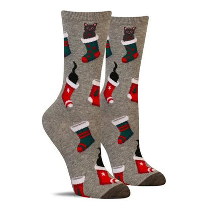 Heather grey crew socks with penguin and Christmas stocking pattern, ribbed cuffs