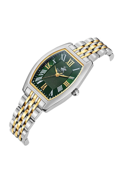 Gold-and-silver metal wristwatch, green rectangular dial, Roman numerals, crown side