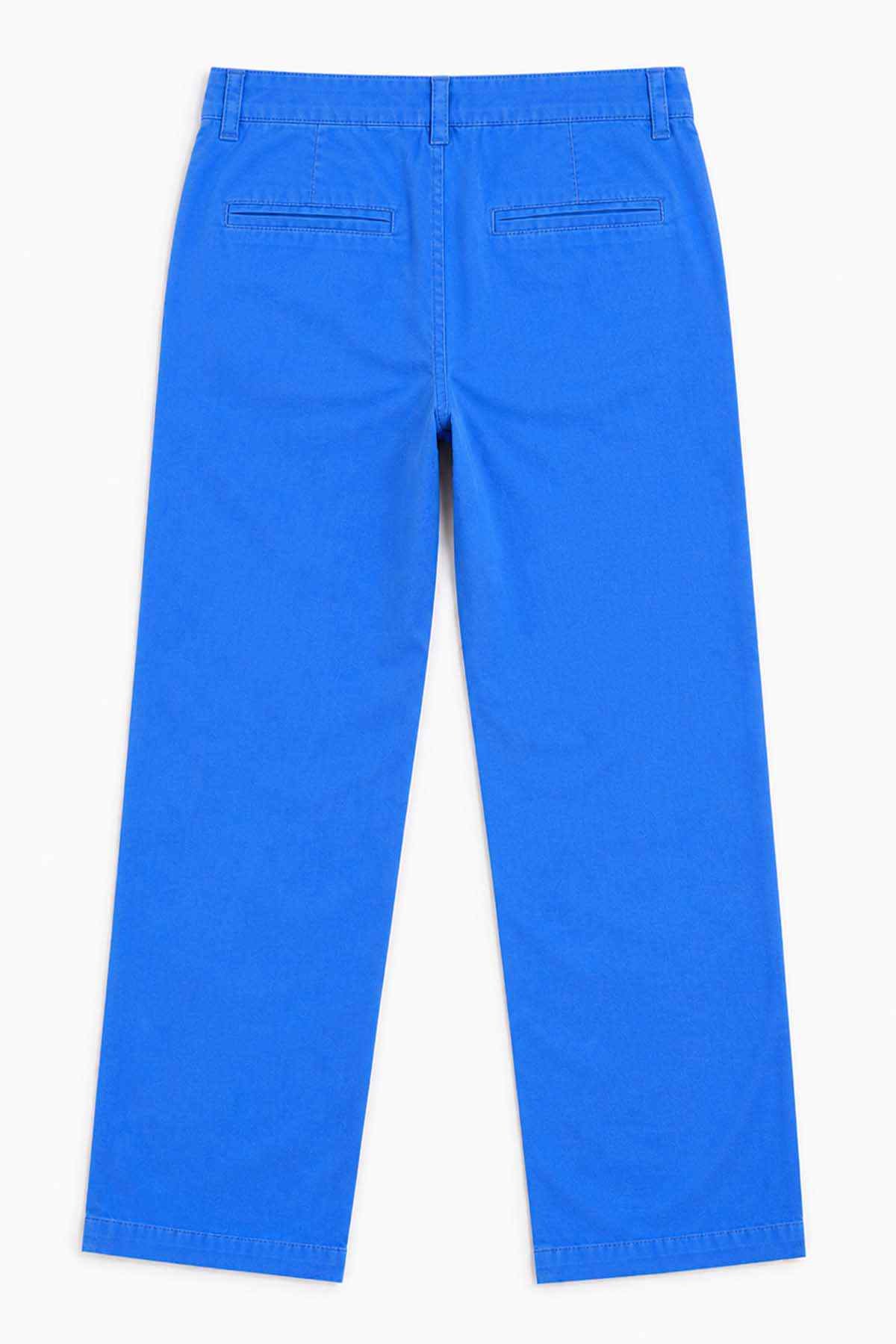 Blue denim pants with belt loops and straight-leg cut.