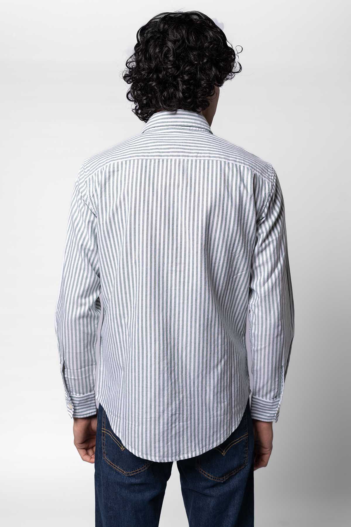 Levi's light blue striped button-up shirt, back view, long sleeves