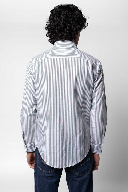Levi's light blue striped button-up shirt, back view, long sleeves