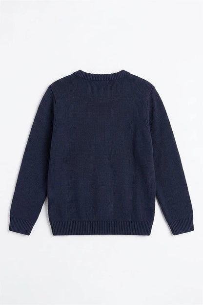 Navy kids knit sweater back view with ribbed hem and cuffs