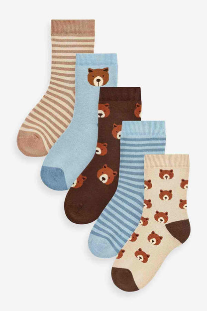 Kids socks multipack: bear face, stripe, and patterned designs in brown, blue, beige