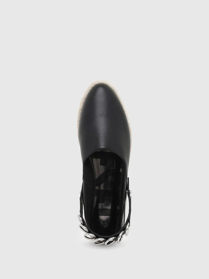 Black leather slip-on espadrille with lace-up vamp and silver chain heel detail
