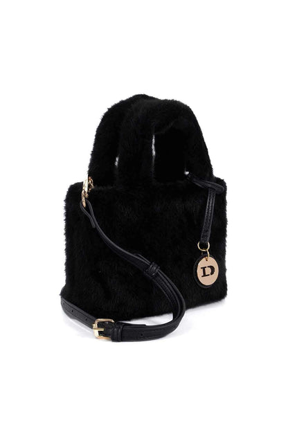 Black faux-fur mini tote with adjustable crossbody strap and round logo charm