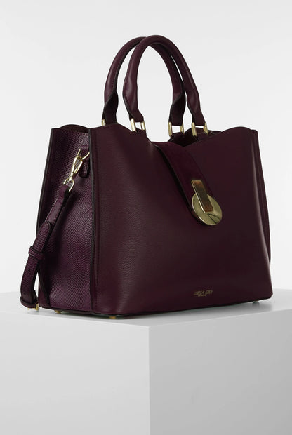 Luella Grey purple tote bag angled view with gold-tone logo clasp and side strap