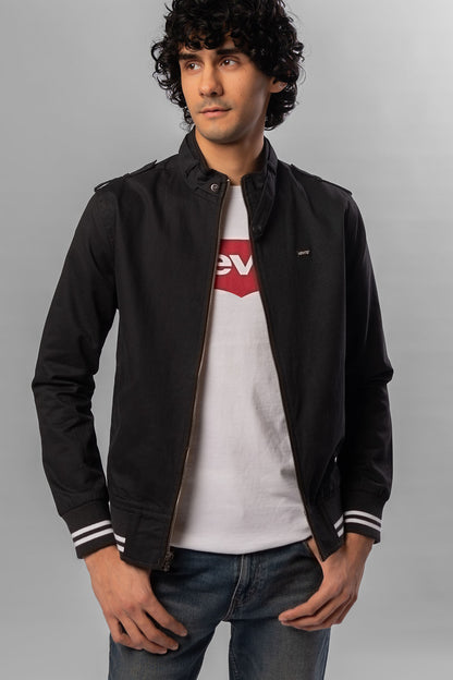 Front view of black Levi's jacket with zip front and striped ribbed cuffs