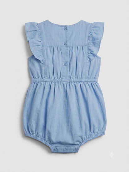 Light blue baby romper flat lay with short flutter sleeves, button placket, gathered waist