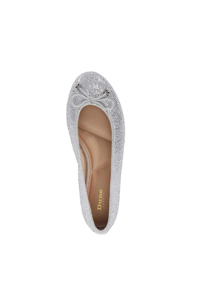 Dune London silver glitter ballet flat interior view showing label on insole
