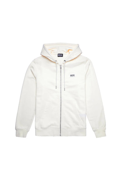 Diesel white zip-up hoodie, logo chest, long sleeves, ribbed cuffs and hem