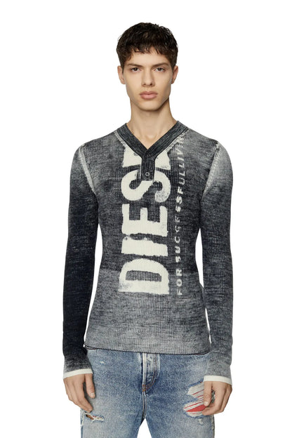 Diesel dark gray knit henley sweater with large white graphic and button placket