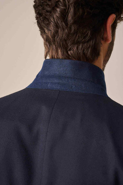 Navy suit jacket collar detail with back neck seam