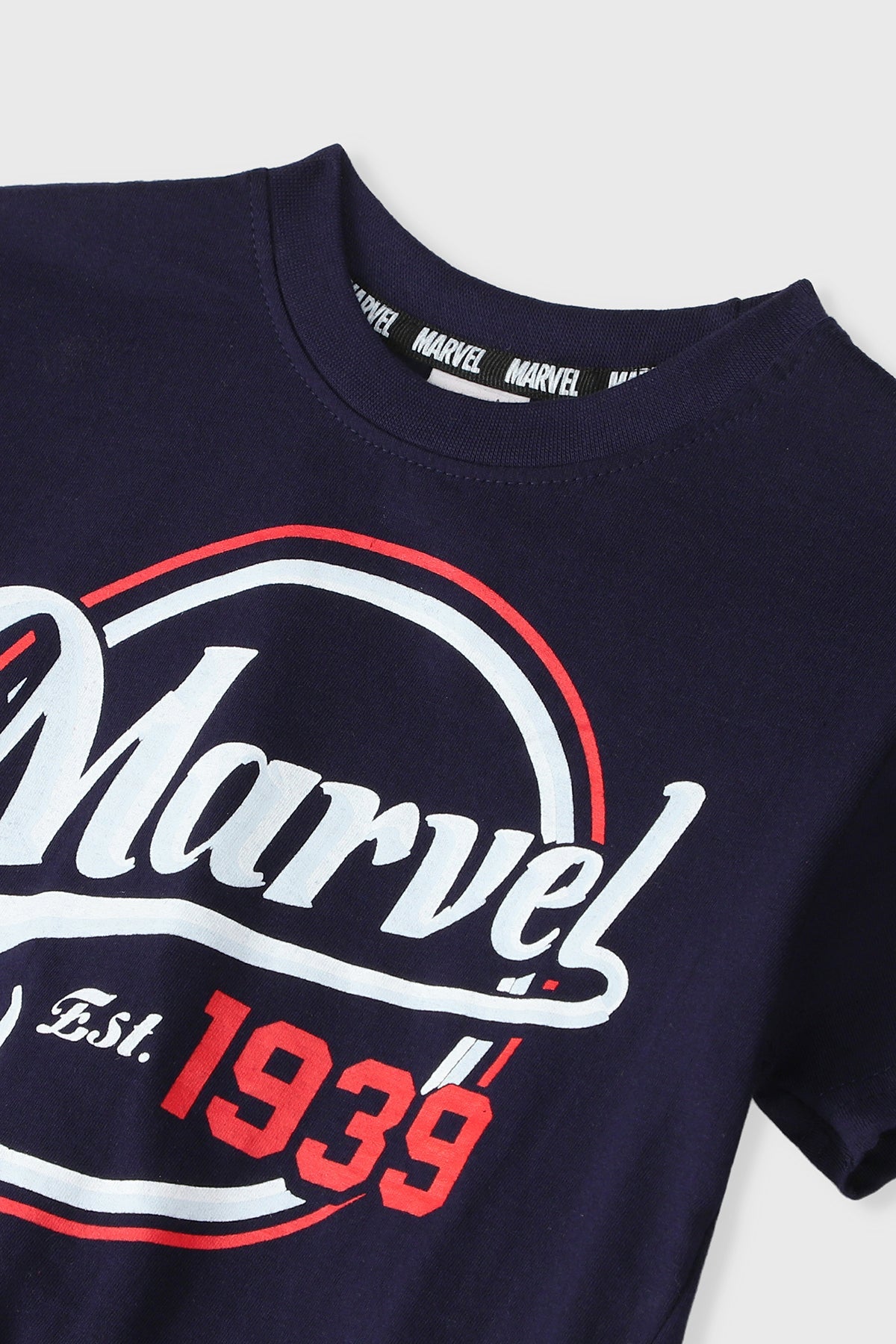 Disney boys' navy Marvel T-shirt close-up, Est. 1939 logo across chest