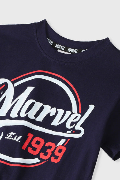 Disney boys' navy Marvel T-shirt close-up, Est. 1939 logo across chest