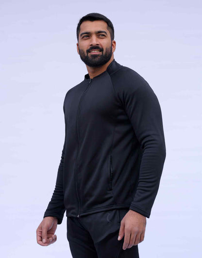 Men's black zip-up athletic jacket with full zipper and long sleeves