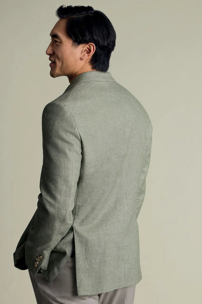 Charles Tyrwhitt green blazer back view with tailored seams and cuff detail