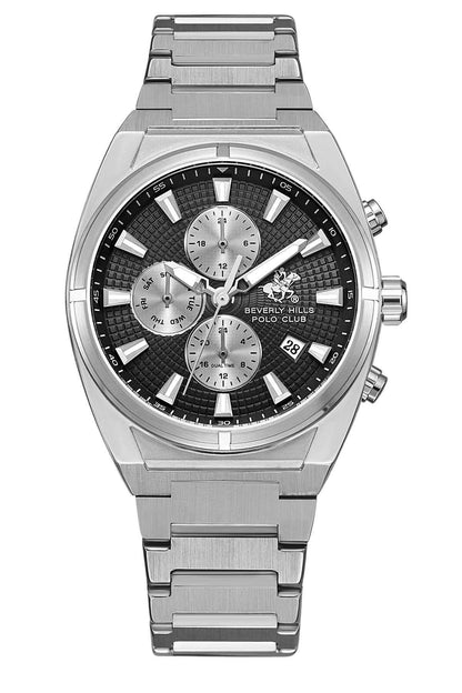 BHPC silver metal wristwatch, black dial with three subdials
