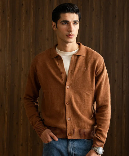 Men's fitted brown cardigan with button placket and ribbed hem, close front