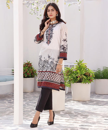 White long kurta tunic with floral prints, red-black hem and cuff trim