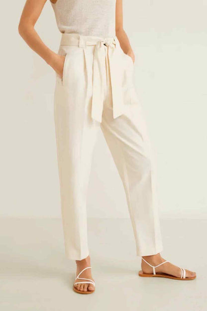 Women's cream tie-waist ankle trousers with pleated front