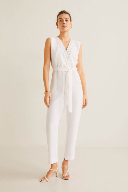 MANGO off-white sleeveless V-neck belted jumpsuit with tapered pants