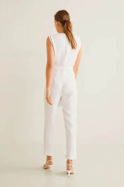MANGO off-white sleeveless belted jumpsuit from back view with tapered legs