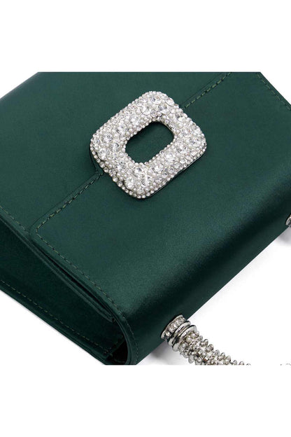 Dune London green mini bag, square rhinestone buckle close-up