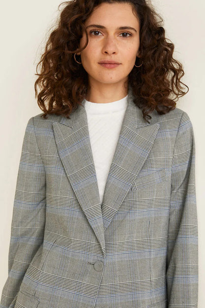 MANGO check blazer with notch lapels and button front, blue-gray