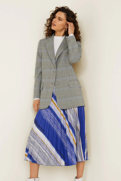 MANGO plaid blazer and blue striped pleated midi skirt, double-breasted look